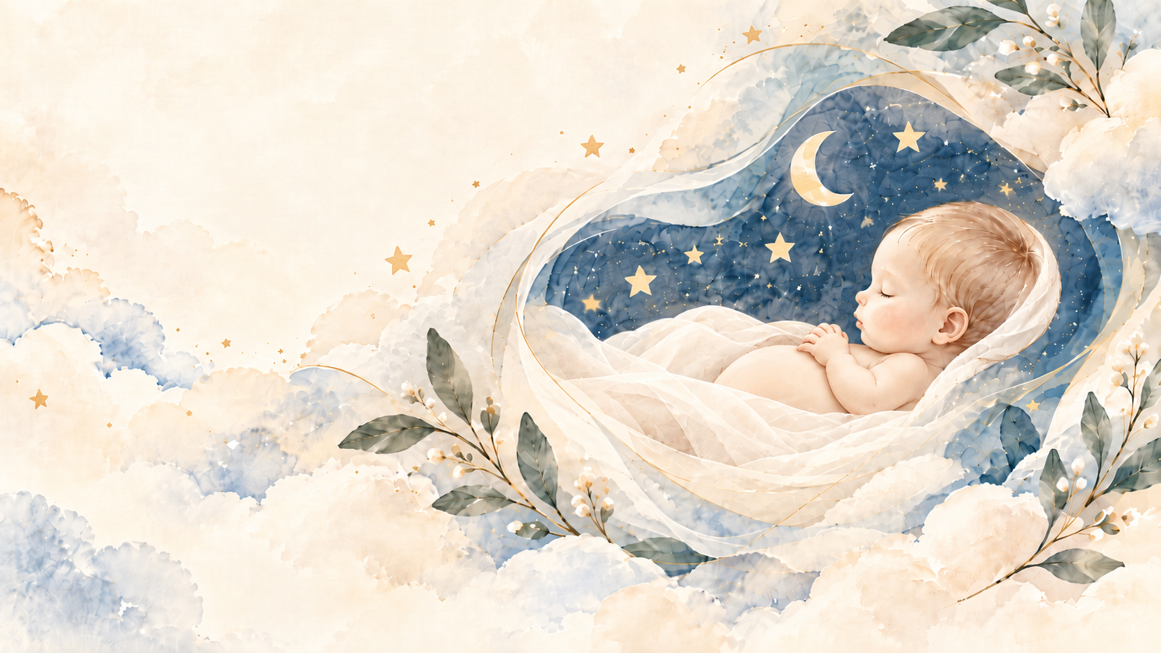 Ilustración en acuarela de un bebé dormido entre nubes, bajo la luna y las estrellas